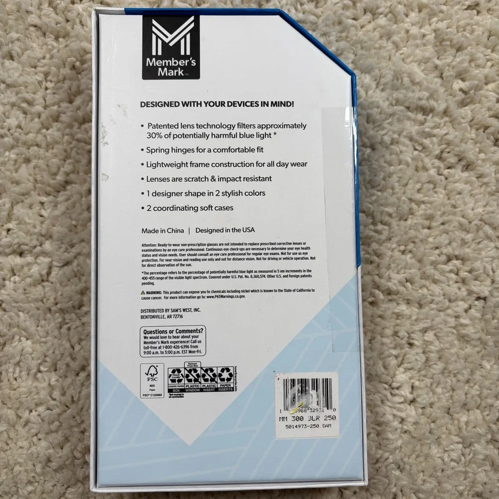 Member's Mark‎ 2 Pairs Blue Light Reading Glasses +250 Strength 2 Cases